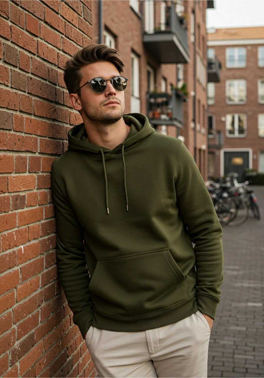 Erkek Oversize %100 Pamuk Yüksek Kalite Erkek Kapüşonlu Sweatshirt Haki