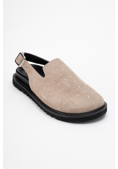 Luvishoes Luvi Shoes Our Bej Hakiki Deri Süet Zımbalı Burnu Kapalı Kadın Sandalet Süet Bej