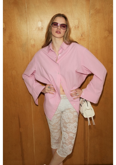Grımelange Lumore Kadın Oversize Fit %100 Organik Pamuklu Pembe Gömlek