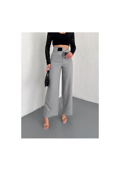 Gugus Kadın Cepsiz Dokuma Kumaş Pantolon Beli Cırtlı Bol Paça Wide Leg Model Gri