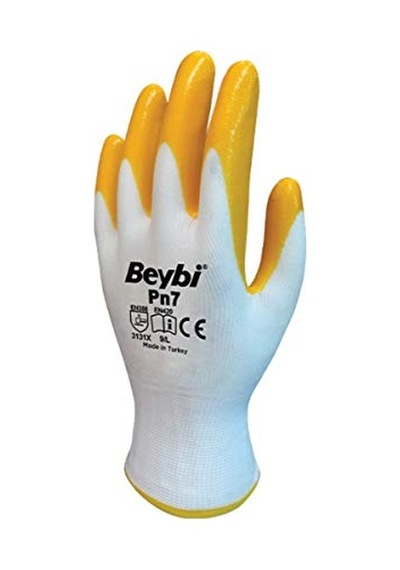 Pn7 Polyester Örme Nitril Eldiven No 10, Çift, Beyaz Sarı