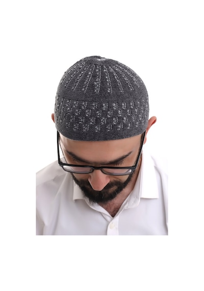 Füme Gri Hasır Desen Kışlık Kadife Namaz Takkesi Füme