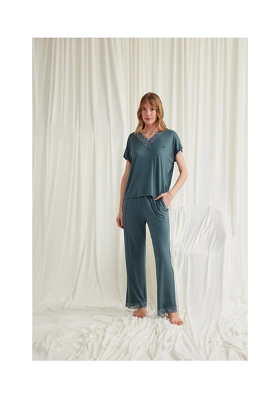 L'ombre Kısa Kollu V Yakalı Dantelli Pijama Takımı Yeşil