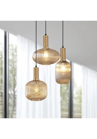 Rsylight Retro Metal Eskitme Kaplama Bal Opal Camlı 3 Lü Dekoratif Sarkıt Avize Diğer