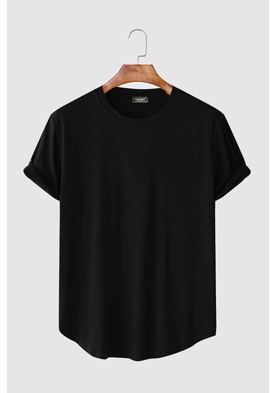 2'li Erkek Siyah-antrasit Kolları Katlı Oval Kesim Cepsiz Bisiklet Yaka T-shirt Siyah-antrasit