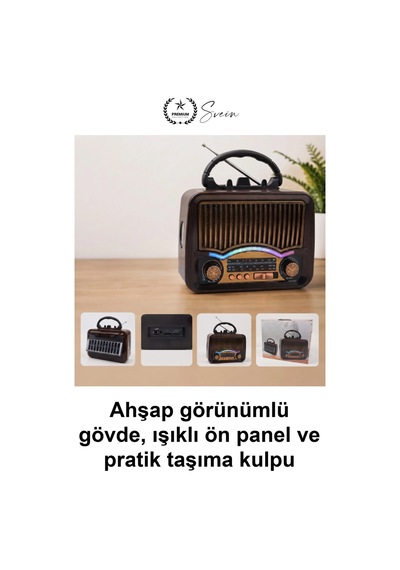 Retroradyo Solar Nostalji Müzik Kutusu Şarjlı Fm Radyo Bluetooth Hoparlör Usb Tf Kart Destekli Ahşa