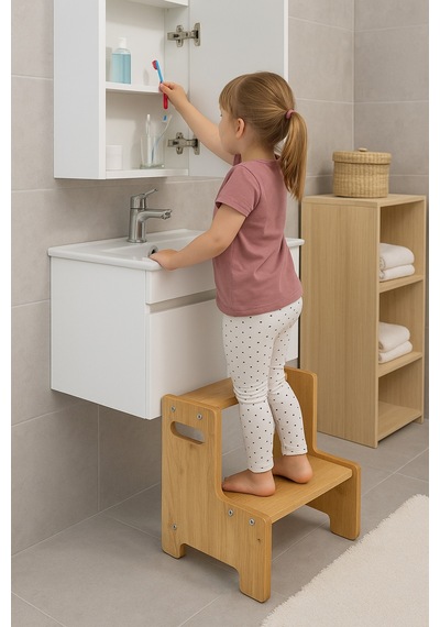Fida Ahşap Çocuk Basamak Tabure Kaymaz Banyo Lavabo Yükseltici