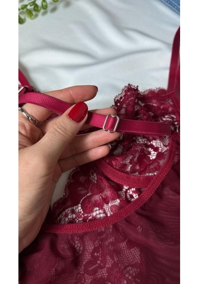 Suısy Velvet Flame Bordo Dantelli Pencereli Bodysuit
