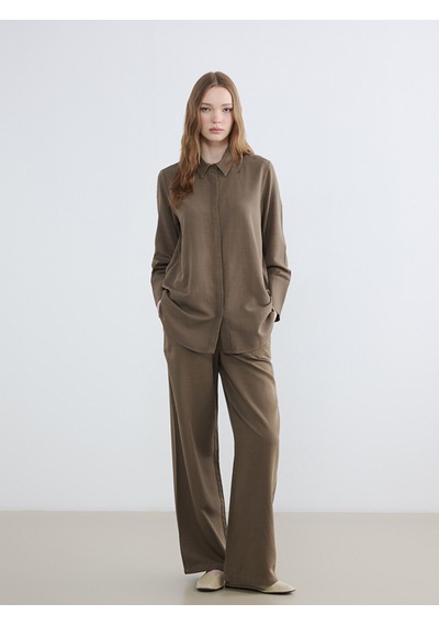 Lcw Modest Haki Oversize Keten Karışımlı Kadın Gömlek Tunik