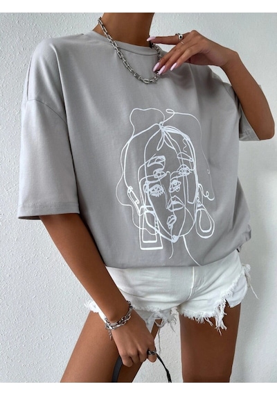 Flood Of Style Kadın Çizgili Figür Oversize Boyamalı Gri T-shirt