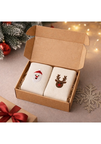 Yılbaşı Hediyesi Özel Kutulu 2'li Kolej Çorap - Kadın Erkek Uyumlu Noel Baba Ve Geyik Desenli Set Beyaz