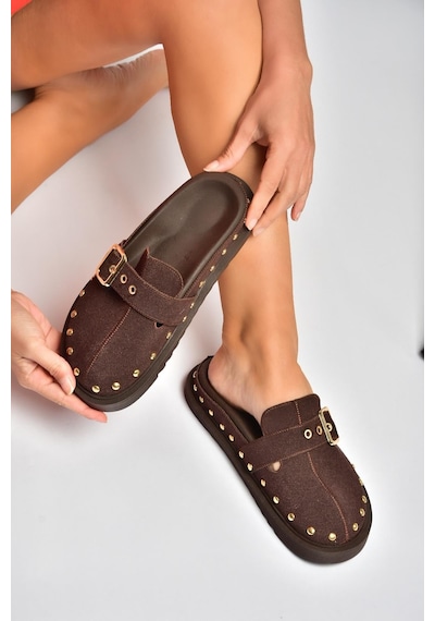 Fox Shoes Y918143802 Kahverengi Süet Önü Kapalı Zımba Detaylı Sabo Terlik