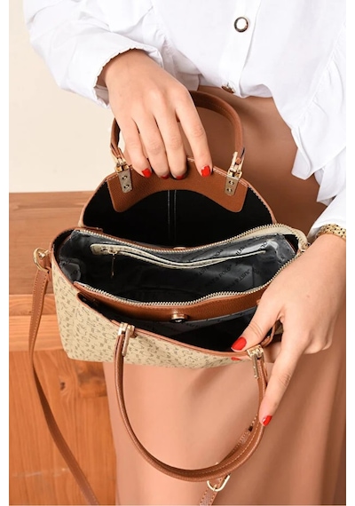 Just Polo Kadın Baskılı Ayarlanabilir Askılı Shopper El & Omuz Çantası Shoulder Bag Vizon - Taba