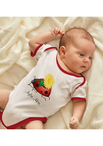 Bk Gift Bk Kids Kişiye Özel Uğur Böceği Tasarımlı Kırmızı Bebek Body Zıbın-2