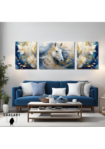 3lü Kanvas Şık Salon Duvar Tablosu Modern Soyut Mavi Beyaz At, 30 X 40 -