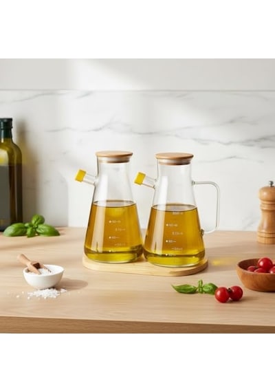 2'li Büyük Boy Şeffaf Cam Yağdanlık Seti - Bambu Kapaklı Ve Standlı Elmas Desenli Yağlık Sirkelik 2 X 900 Ml