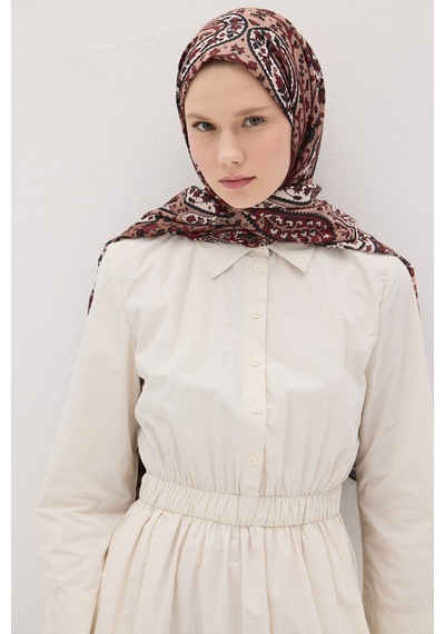 Mirsoy Scarf Almira Pamuk Etnik Desen Şal Açık Bordo