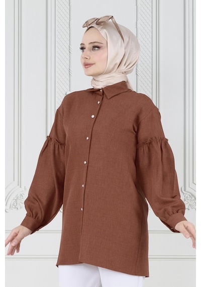 Sevitli Kolu Fırfır Detaylı Tunik-kahverengi-3617-kahverengi Kahverengi