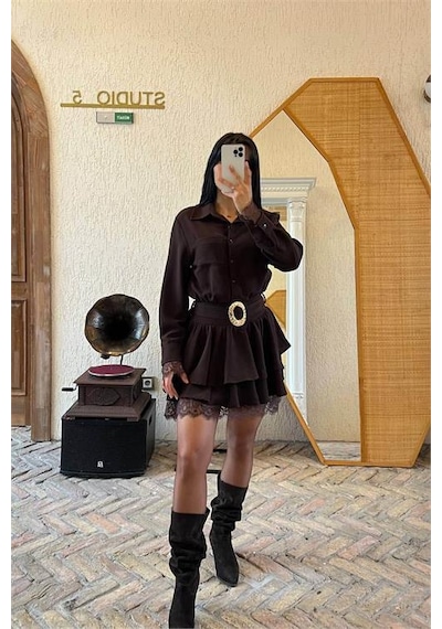Neşeli Butik Kadın Kahverengi Gömlek Yaka Dantel Detaylı Kat Kat Mini Elbise Nbmy3858 Kahverengi