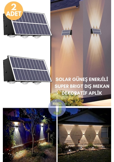 Technojet Solar Güneş Enerjili 6 Ledli Bahçe Aydınlatması Aplik Sarı Işık Led Lamba 2 Adet Siyah