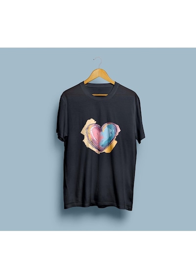 Oversize Renki Kalp Tasarım Unisex T-shirt Siyah