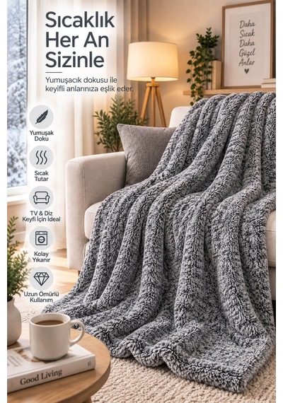 Tek Kişilik Peluş Tv Diz Battaniyesi 100x175 Cm Gri
