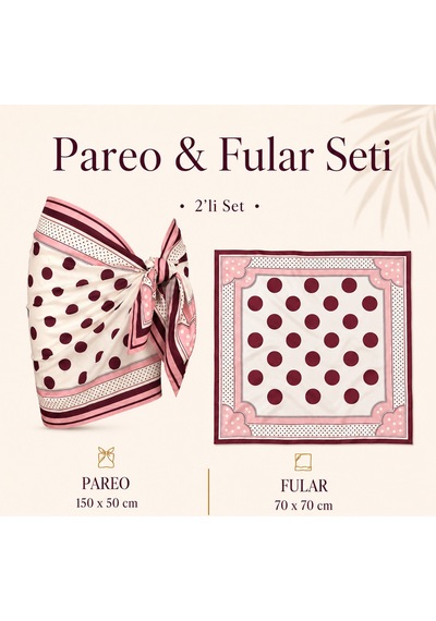 Tarzını Seç Premium Bordo Puantiye Desenli 2 Li Kısa Pareo Ve Bandana Seti 150x50 Cm / 70x70 Cm