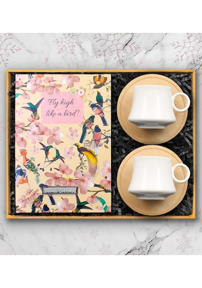 Kişiye Özel Kuş Motifli Defter & 2'li Bambu Altlıklı Beyaz Türk Kahve Fincanı Hediye Seti