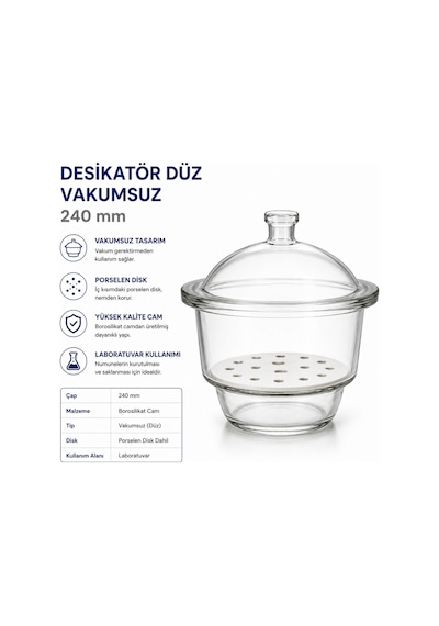Desikatör Düz Vakumsuz Desikatör Kapağı Disk Dahil 240 MM