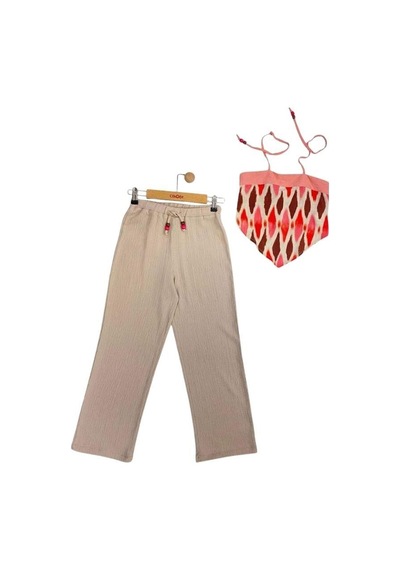 Çikoby Kız Çocuk Desenli Pantolonlu Takım-13955 Bej