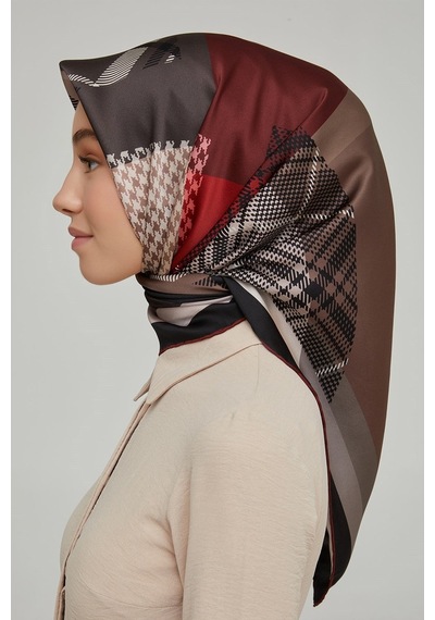 Armine Yeni Sezon 2022 İlkbahar Yaz Serisi %100 İpek Ekose Desen İpek Twill Eşarp 8620d-04 Ekose Desen / Vizon-vişne Çürüğü