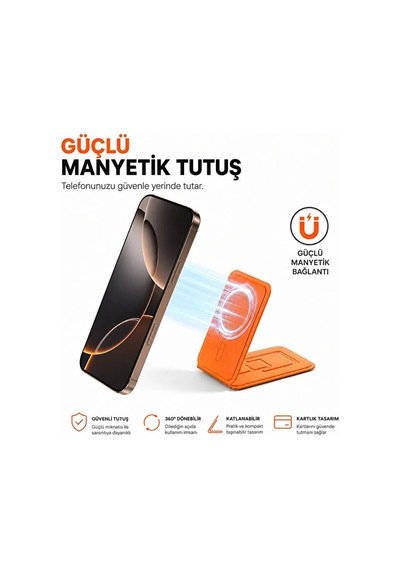 Magsafe Cüzdan Kartlık Güçlü Manyetik 360 Döner Standlı Telefon Kartlığı İphone Uyumlu Deri Cüzdan Turuncu-14909
