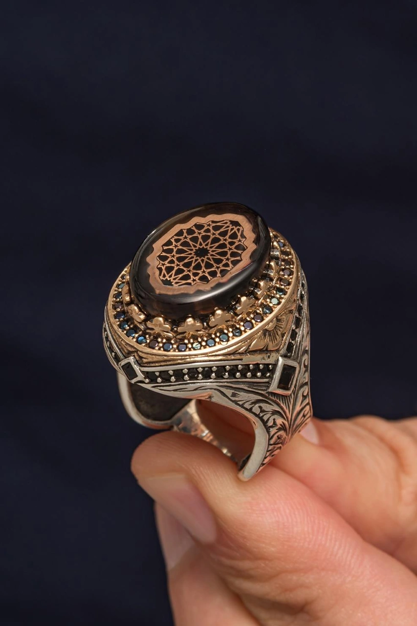 Oval Sıkma Kehribar Taşlı 925 Erkek Gümüş Yüzük Gümüş