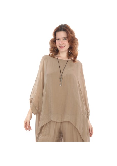 Bohem Stil İtalyan Yarasa Kol İpek Bluz & Pantolon Takım-8767 Camel Bohem Stil İtalyan Yarasa Kol İpek Bluz & Pantolon Takım-8767 Camel