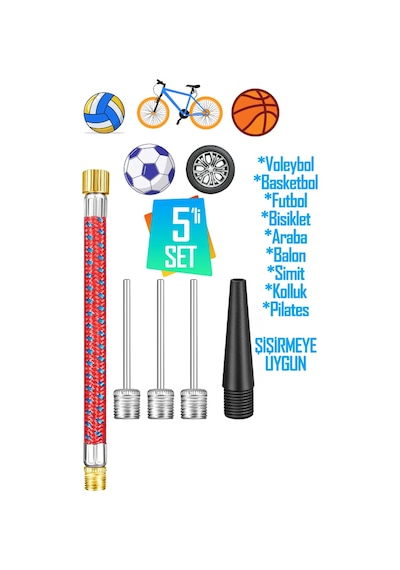 Bykurt 5'li Set Top Şişirme İğnesi Seti Voleybol Basketbol Futbol Bisiklet Pilates Şişirme Seti