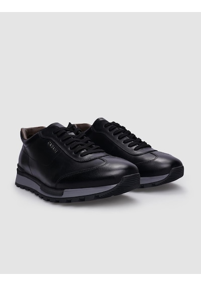 %100 Hakiki Deri Siyah Bağcıklı Erkek Sneaker-siyah Siyah