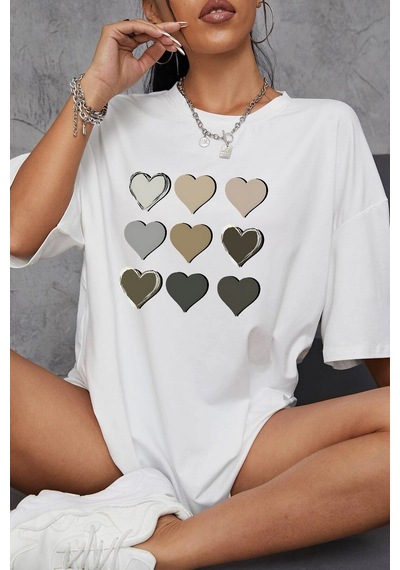 Flood Of Style Unisex Kalp Baskılı T-shirt Beyaz