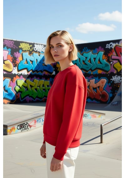 Benerly Kadın Bisiklet Yaka Düşük Kol Regular Kalıp Örme Sweatshirt Fonks Kırmızı