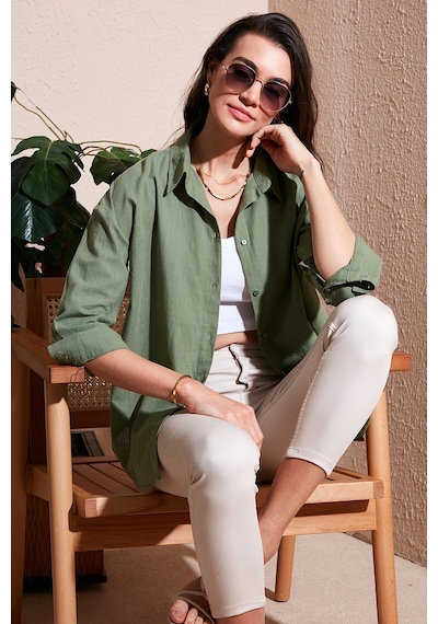 Lela Pamuklu Regular Fit Uzun Kollu Düz Bayan Gömlek Cf25S168305 Haki