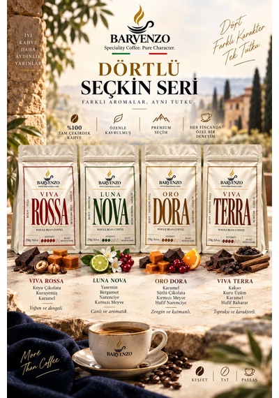 Barvenzo Dörtlü Seçkin Seri 250 G 4 Viva Rossa + Luna Nova + Oro Dora + Viva Terra Moka Pot