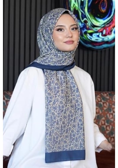 Çiçek Desen Turkuaz Soft Pamuk Şal Çok Renkli 42 Açik Gri