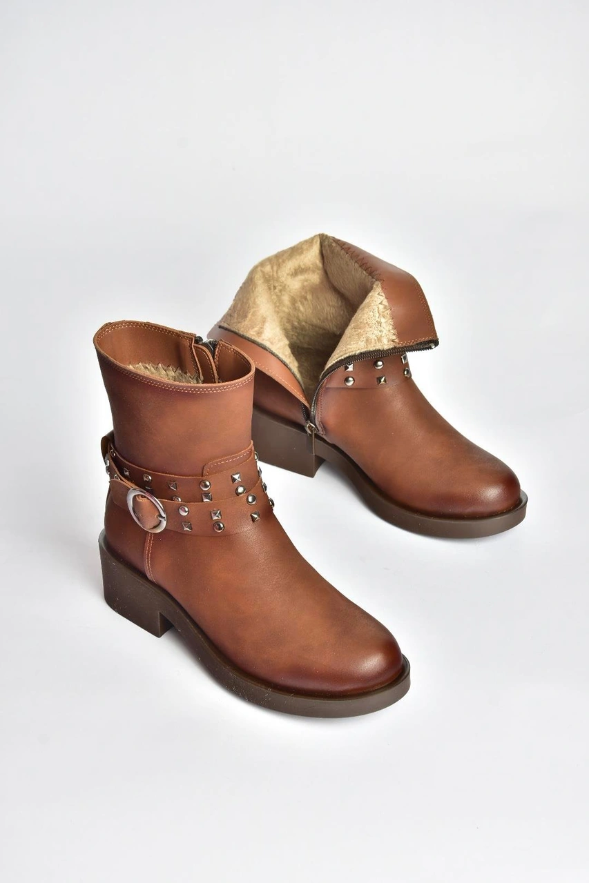 Fox Shoes V674121209 Taba Alçak Topuklu Fermuarlı Kadın Bot Taba-Suni Deri
