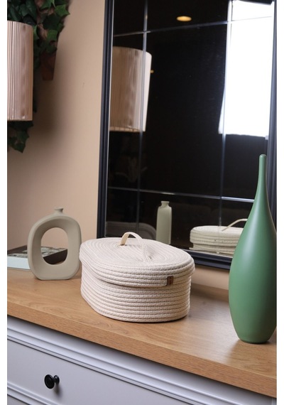 Hasır Jüt Sepet Oval Kapaklı Organizer Düzenleyici 30x20x10 Cm Ekru Ekru