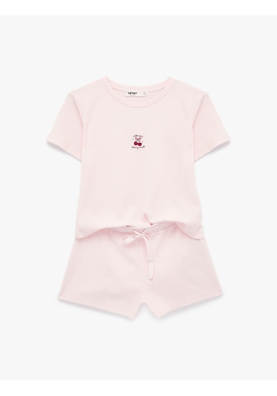 Koton Kiraz Detaylı Bisiklet Yaka Kısa Kollu Dokulu Pijama Takımı Pembe 6slk40086mk Gül