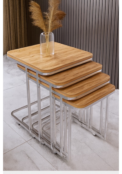 4 Parça Tekerlekli C Zigon Sehpa Nikelaj- Açık Ceviz