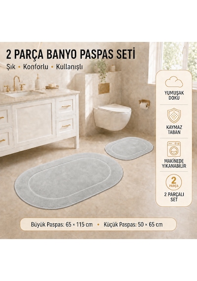 Rixos 2'li Banyo Halısı Paspası Seti Kaymaz Tabanlı Klozet Takımı Açık Gri