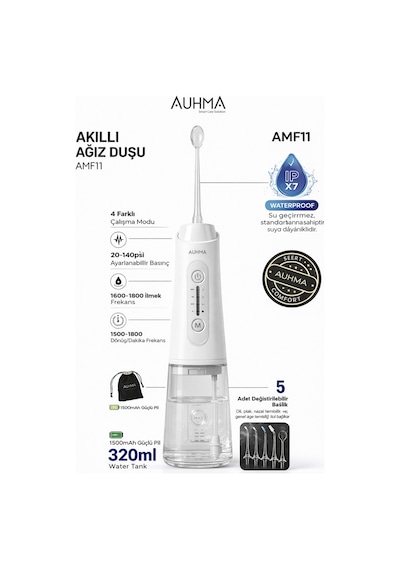 Auhma Amf11 Akıllı Şarjlı Ağız Duşu - 320ml Su Haznesi, 4 Modlu, Diş Temizleme Cihazı