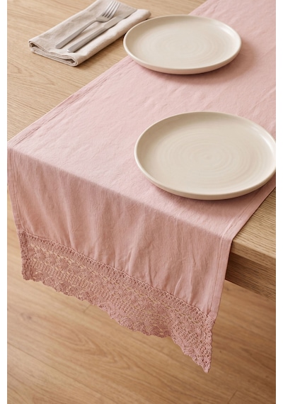 Pudra Lacy Pamuklu Dantelli Runner 40x150 Cm Pembe