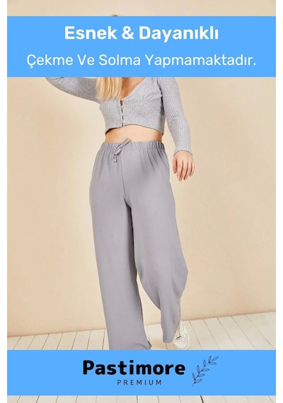 Yeni Sezon Terletmez Rahat Kalıp Beli Lastikli Bol Paça Salaş Yazlık Kadın Gri Aerobin Pantolon Gri