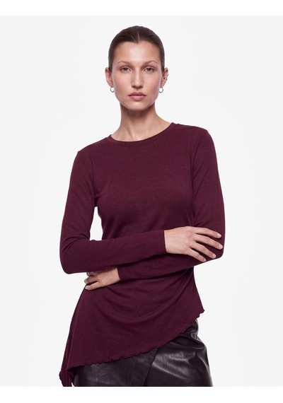Koton Pamuklu Bisiklet Yaka Uzun Kollu Slim Fit Drapeli Mürdüm Rengi Asimetrik Bluz Mürdüm 7wak80255ek Mor